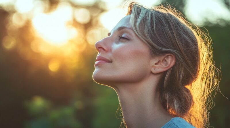 profile of a woman with a gentle smile, eyes closed, and skin glowing in the sunlight