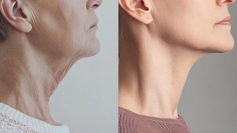 side-by-side comparison of two women’s necks: the left side shows an older neck with prominent wrinkles and sagging skin, while the right side displays a younger-looking neck with smooth, taut skin, illustrating the results of a non-surgical neck lift