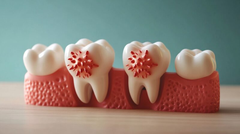 Illustration of teeth with visible infections and surrounding gum tissue