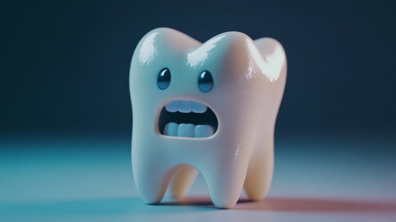 Cartoon representation of a tooth with an expressive face, showing fear or discomfort