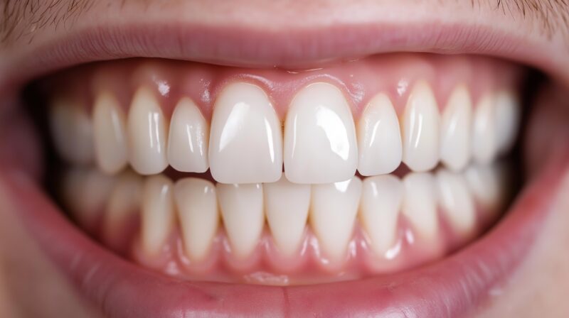 Close-up of a set of clean, healthy teeth and gums